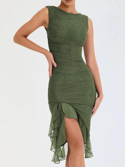 2025 Spring And Summer Sleeveless Dresses Women New Fashion Mesh Tight Solid Color Elegant Temperament Irregular Hem Vestidos