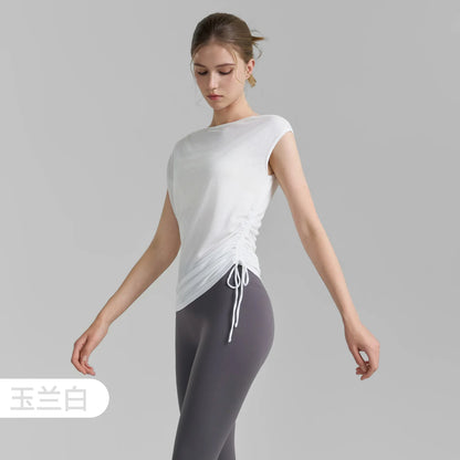 Sleeveless Pleated Cover Shirt with Drawstring, Tight Waist, High-end Feeling, Breathable and Slimming Sports T-shirt