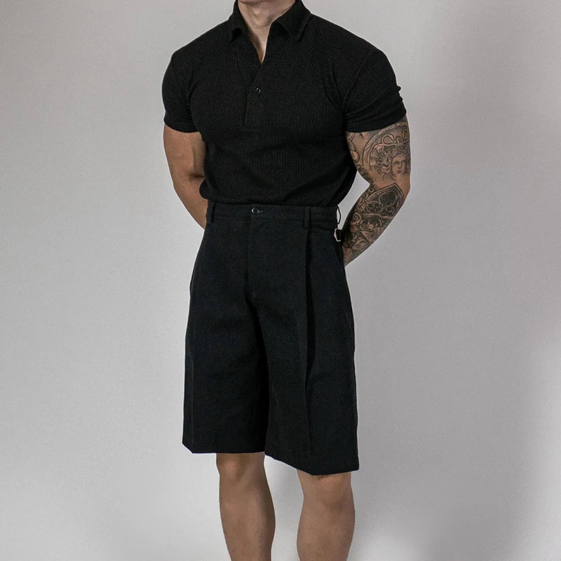 Trendy Ribbed Polo Shirts For Men Sports Fitness Muscle Short Sleeve Slim Stretch Tops Casual Pure Color Lapel Polo Mens T Shirt