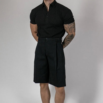 Trendy Ribbed Polo Shirts For Men Sports Fitness Muscle Short Sleeve Slim Stretch Tops Casual Pure Color Lapel Polo Mens T Shirt