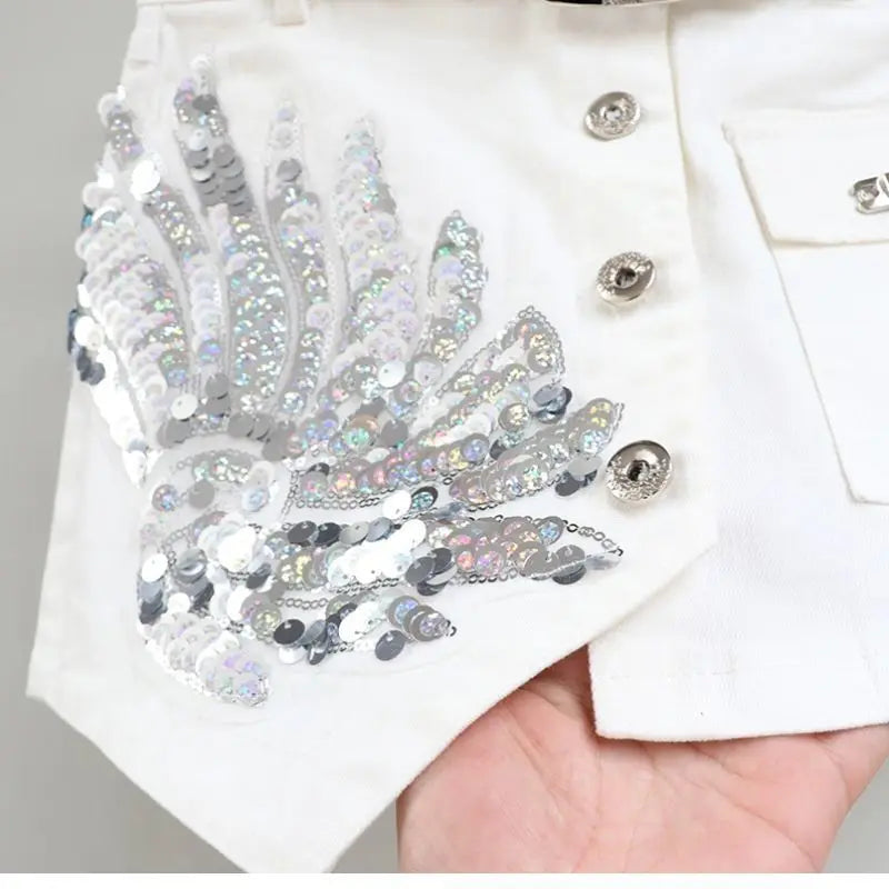 Fashion Sequin Denim Short Skirt Women Spring/Summer 2025 New Korean High Waist Slim Irregular Sexy Hot Pants White Black Casual