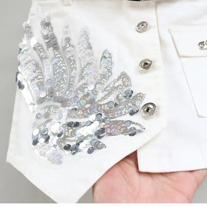 Fashion Sequin Denim Short Skirt Women Spring/Summer 2025 New Korean High Waist Slim Irregular Sexy Hot Pants White Black Casual