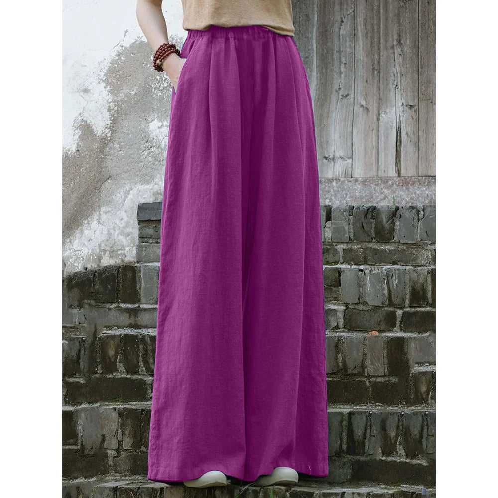 Linen Wide Leg Pants Women Casual Bohemian Loose Flowy Palazzo Pants Summer Spring
