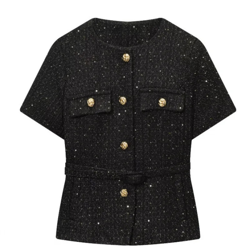 Women 2025 Fashion Blue Tweed Blazer Coat With Belt Female Short Sleeve Outerwear