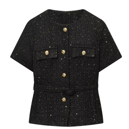 Women 2025 Fashion Blue Tweed Blazer Coat With Belt Female Short Sleeve Outerwear