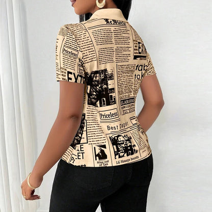 Summer Fashion Button Slim Fit Shirt Women Elegant Short Sleeve Single Breasted Letter Printed Blouses For Women Tops
