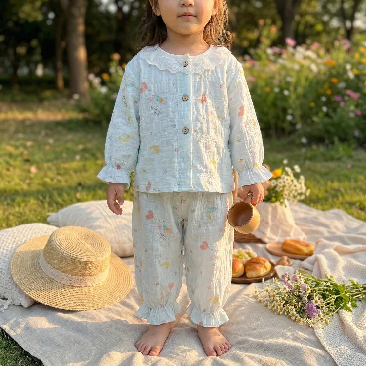 Summer Child Clothing Sets in Air-conditioned Room Girls Breathable Comfortable Long Sleeve Lace Home Clothes Sets Kids Pajamas