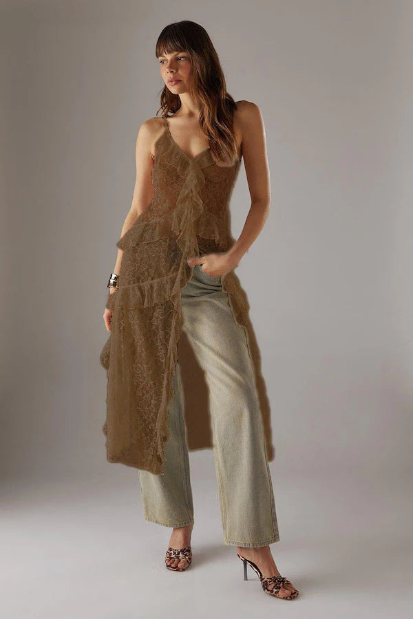 Women Lace Camisole, Sleeveless Tops V-neck Slit Ruffled Summer Long Sheer Tops Clubwear