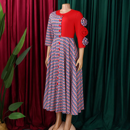 Elegant Dresses for Women 2026 Fall Fashion African 3/4 Sleeve Party Birthday New Robe Chic 3D Flower Plaid Evening A-Line Dress