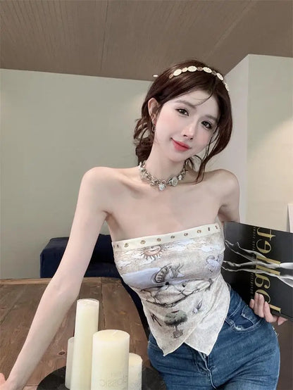 Tanks Women Strapless Vintage Printed Design Summer Crop Tops Irregular Chic Aesthetic Defined Backless Bandage Popular Hotsweet