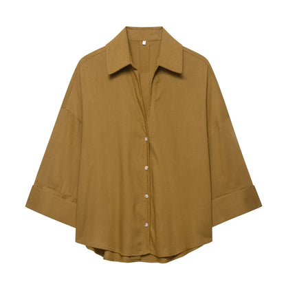 Spring Autumn Simple Linen Blend Long Sleeve Casual Shirt Summer Lapel Single Breasted Loose Chic Shirts Fashion Blouses Women