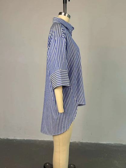 Striped Oversized Button Down Shirts for Women with Wide Three Quarter Sleeve and High Low Hem for Casual Office or Weekend Wear
