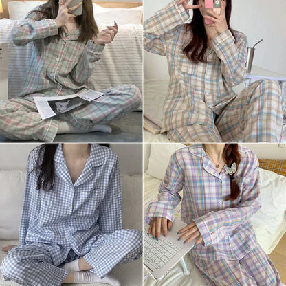 Pajamas Female Autumn and Winter Long-Sleeved Sweet Nightwear Homewear Two-Piece Set Women Plaid Casual Simple Sleepwear
