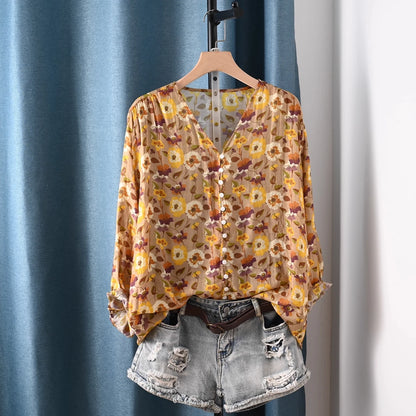 2026 Autumn clothes woman French fashion v neck rose floral print shirts and blouses for women vintage ladies tops