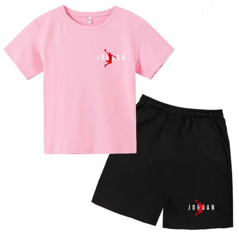 Children Summer Clothes T-shirt Sports Wear Letter Short-Sleeved +Shorts Boy 2P Girl Casual Fashion Coat Sunshine Basketball Set