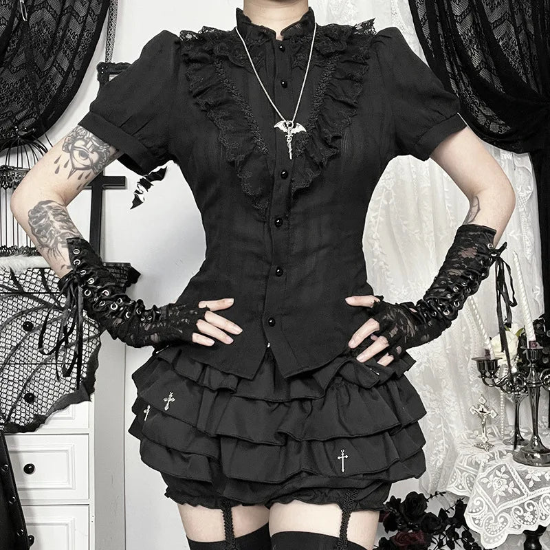 Sweet Lolita Cotton Shirts Women Vintage Gothic Black White Jacquard Short Sleeve Blouses Elegant Office Lady Y2k Tops