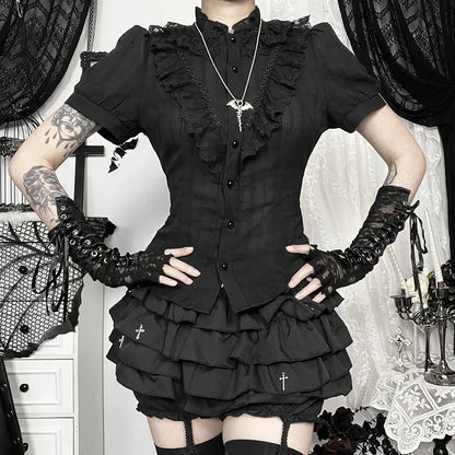 Sweet Lolita Cotton Shirts Women Vintage Gothic Black White Jacquard Short Sleeve Blouses Elegant Office Lady Y2k Tops