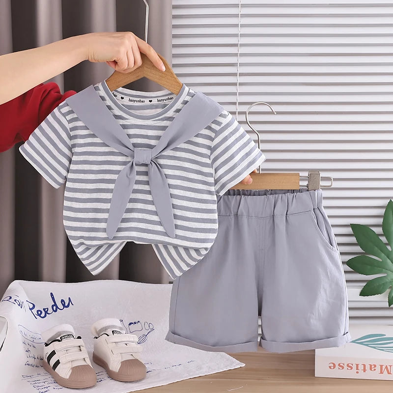 Kids Baby Boys Summer Clothes Sets Infant Kids Cotton Striped T-shirt + Denim Shorts 2Pcs Suit Children&
