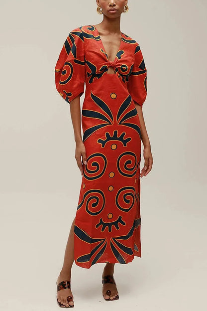 Women Fashion Linen Material  Fashion Chic Print Long Party Dresses Sexy V-neck Hollow Out High Waist Party Dress Lady Robes