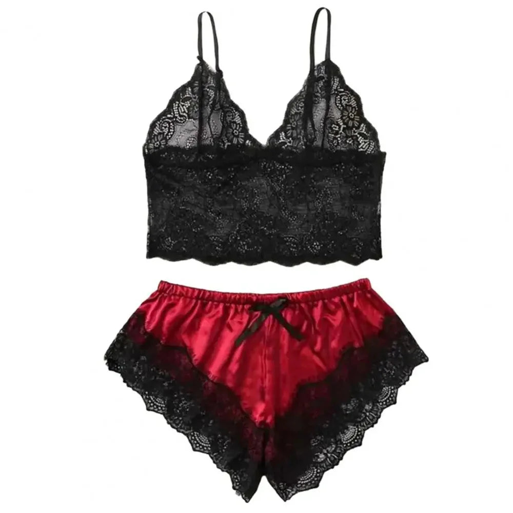 Women Pajamas Set Sexy Satin Lace Sleepwear Lingerie Ladies Elastic Suspender Shorts  Nightwear Suits Sleeveless Underwear Tops