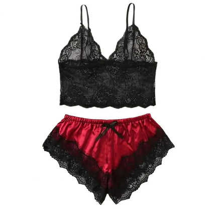 Women Pajamas Set Sexy Satin Lace Sleepwear Lingerie Ladies Elastic Suspender Shorts  Nightwear Suits Sleeveless Underwear Tops