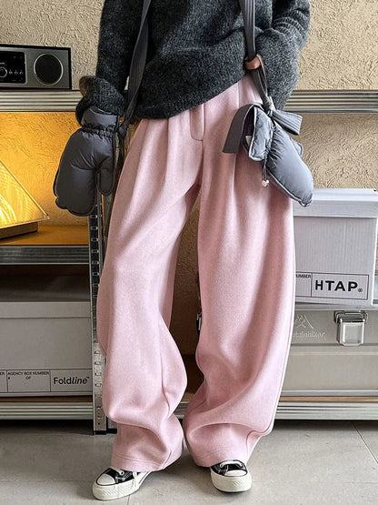 2025 Women Winter Autumn Thick Pants High Waist Wide Leg Warm Woolen Pants Fashion Clothes Vintage Pants Female Trousers