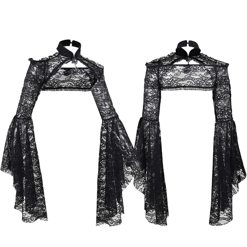 Gothic Crop Tops for Women, Black Flare Sleeves Floral Paisley Lace Panel Cut Out Halloween Shurg Top