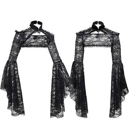 Gothic Crop Tops for Women, Black Flare Sleeves Floral Paisley Lace Panel Cut Out Halloween Shurg Top