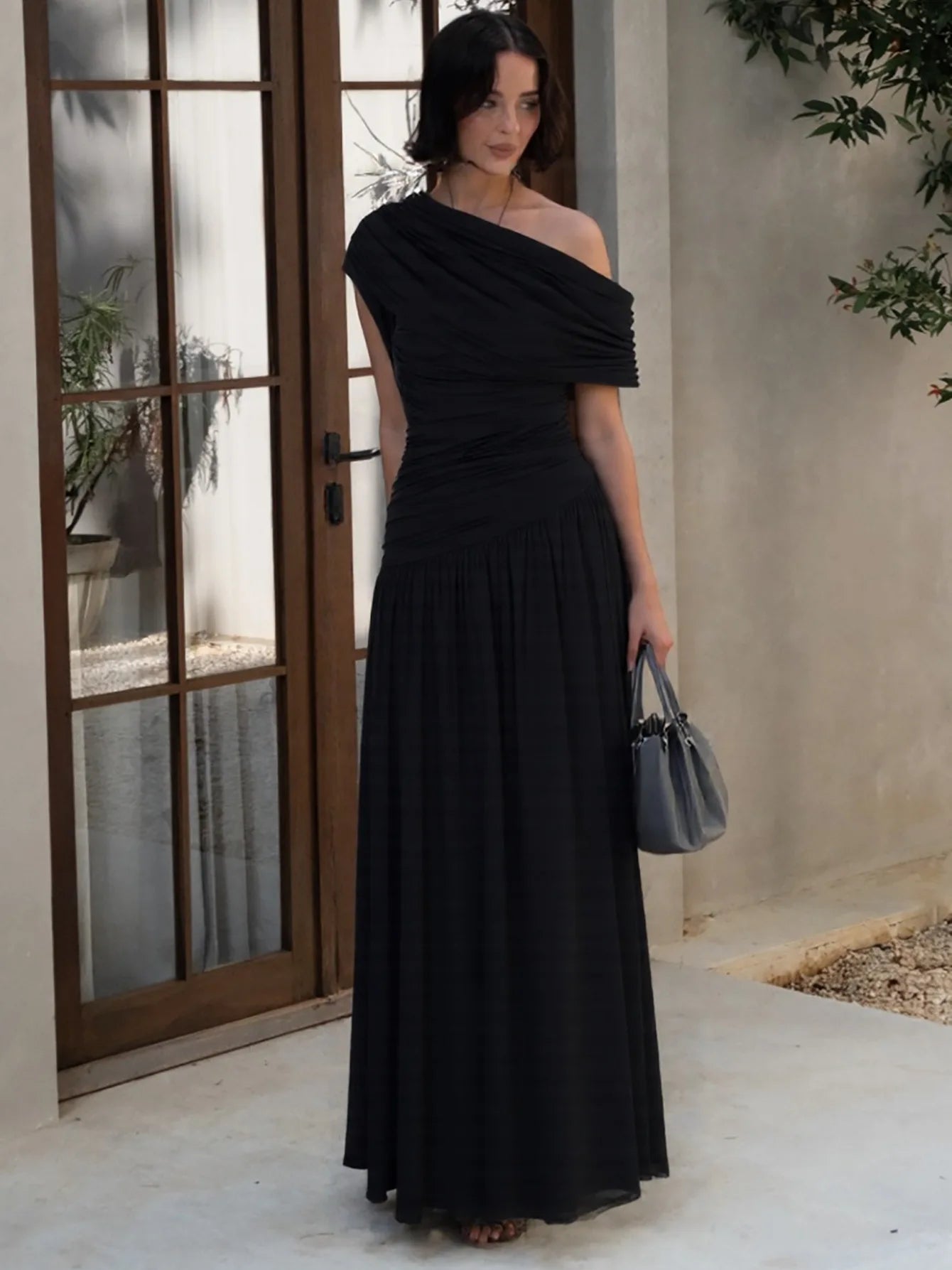 Seductive Dress Fashionable One-Shoulder Ruched Dress Minimalist Solid Asymmetrical Dress Irregular Hemline Wholesaler Gown