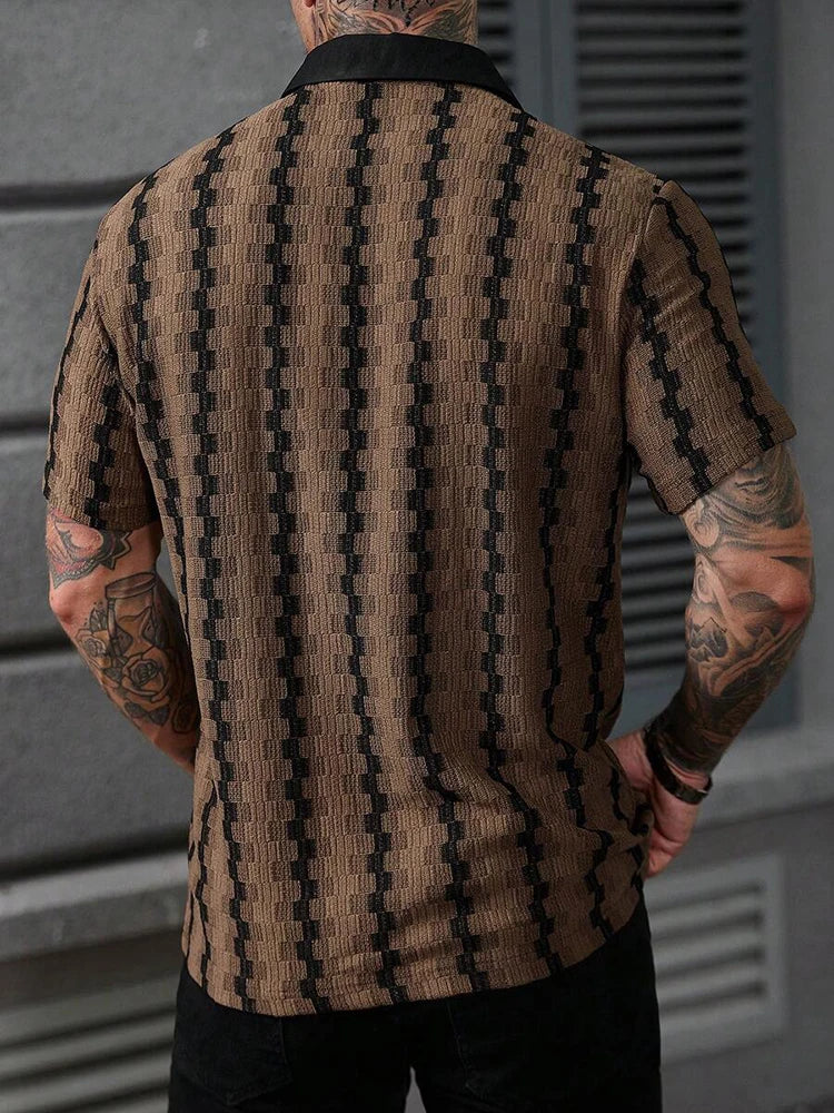 Classic Plaid Striped Knitting Shirt Short Sleeve Buttoned Turn-down Collar Mens Shirts Summer Vintage Slim Fit Knitted Cardigan