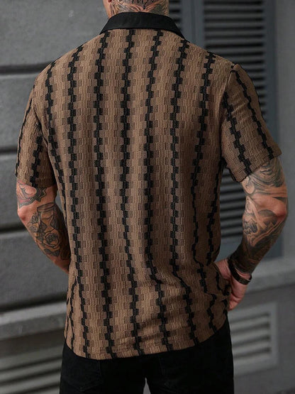 Classic Plaid Striped Knitting Shirt Short Sleeve Buttoned Turn-down Collar Mens Shirts Summer Vintage Slim Fit Knitted Cardigan