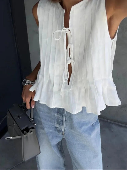 Fashion Bow Lace Up Shirts Women Cotton Linen Hollow Out Sleeveless Pleated Blouses Woman 2025 Summer New Casual Lady White Tops
