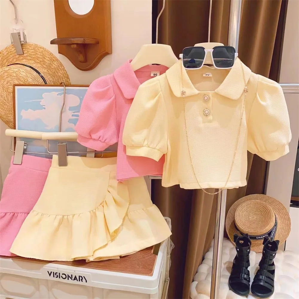 new summer girl clothes 2pc/set  top shirt+ skirt  children baby kids students fashion 90-140 3-8year fashion lovely solid