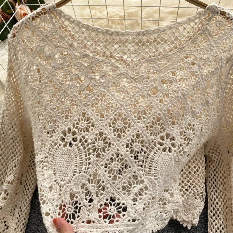 Blouses Women Retro Hollow Out All-match Sweet See-through Leisure Summer Sun-proof Korean Style Female Slim Crop Bohemian Ins