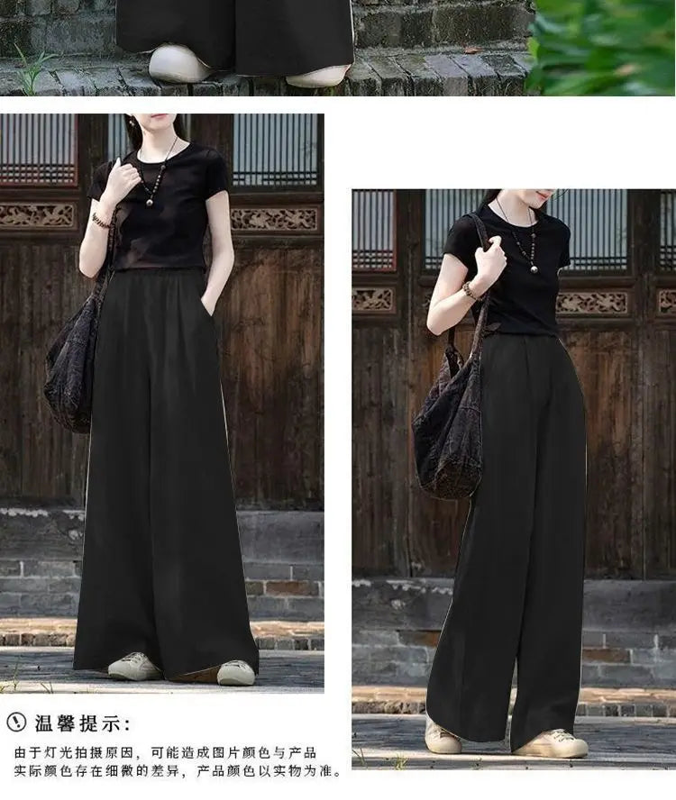 Linen Wide Leg Pants Women Casual Bohemian Loose Flowy Palazzo Pants Summer Spring