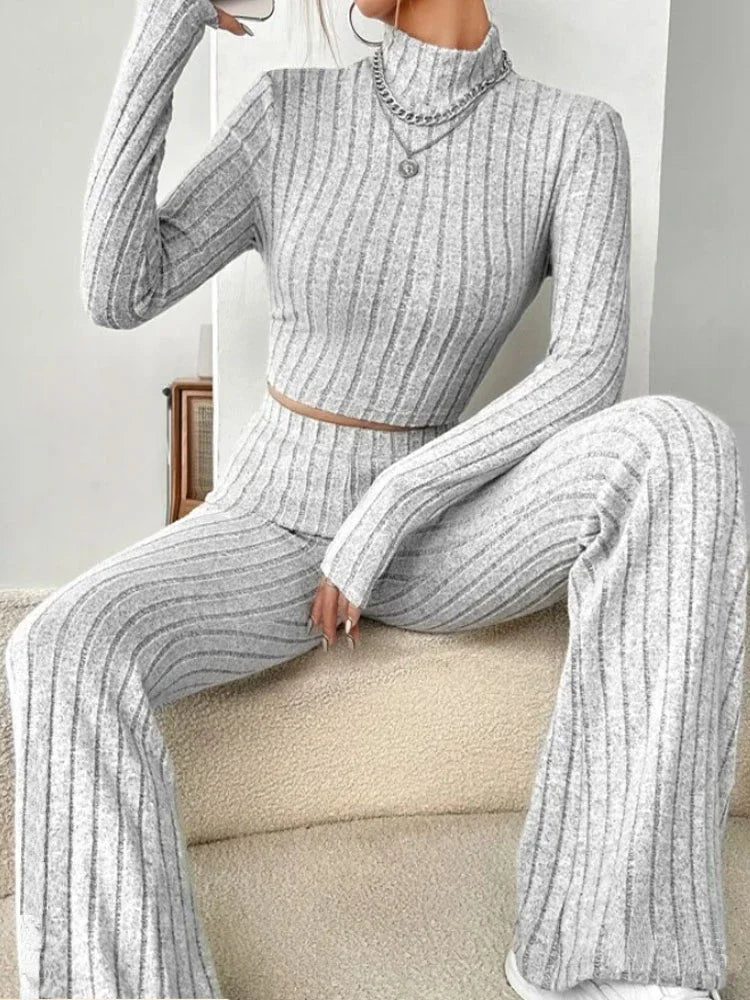 Women Fashion Solid Color Streetwear Autumn Winter Elegant Round Neck Tops Loose Pants Suit Casual Holiday Sport Two Piece Sets