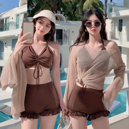 Beachwear Ruffles Bikini Set Transparent Pullover Slim Fit Swimming Suit Lace-up Sun Protection 3Pieces Set Swimwear Resort