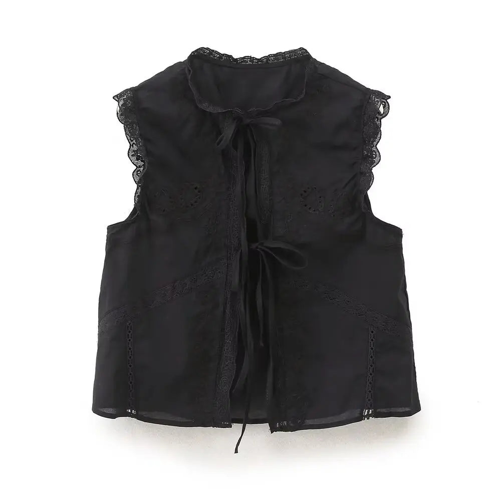 Sleeveless Lace-up Summer Blouse  Cotton Floral Embroidered lace Blouses Shirts Women Tops Vintage Boho Beach Wear Casual Blusas