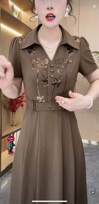 Women Western Style Dress Summer Spring New Fashion High-end Sequin Long Dresses Middle Aged Mother Elegant Slim Vestidos Mujer