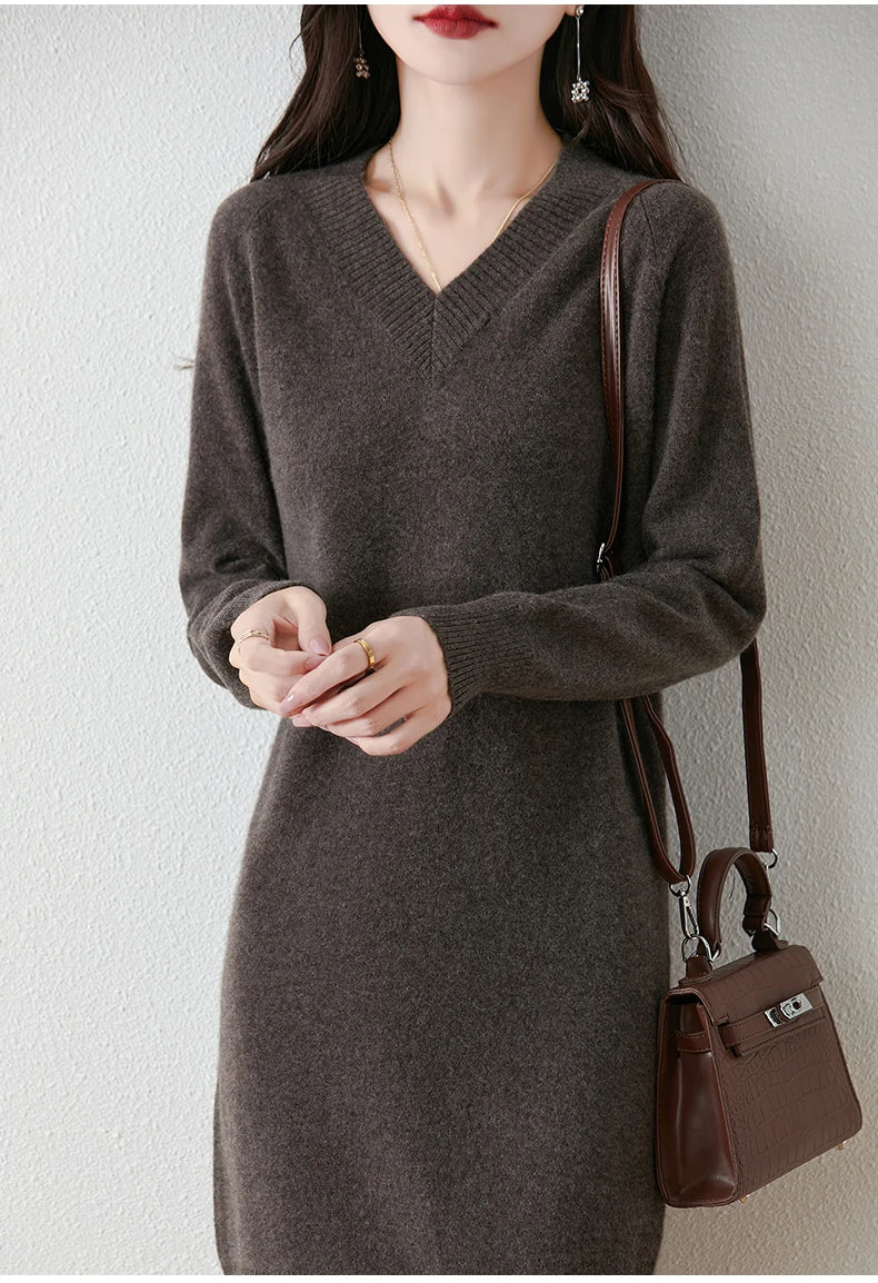 Fashion Autumn Winter Dress Women100%Merino Wool V-neck Long-sleeved Dress Women&