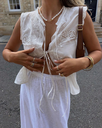 Sleeveless Lace-up Summer Blouse  Cotton Floral Embroidered lace Blouses Shirts Women Tops Vintage Boho Beach Wear Casual Blusas