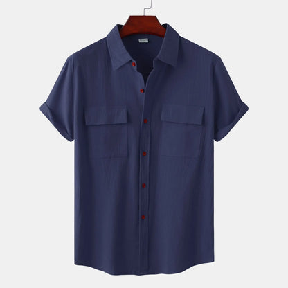 Turn Down Collar Men Shirts Solid Short Sleeve Shirts Single Breasted Casual Shirt Buttons Cardigan Sports Loose Breathable