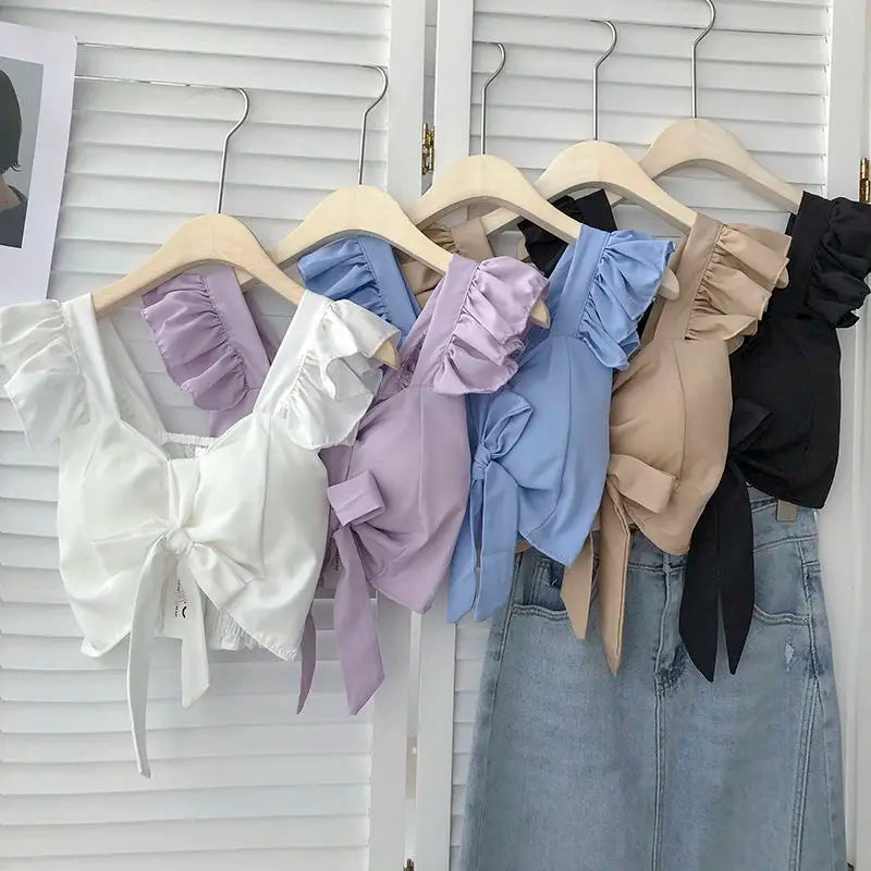 Crop Tops Camis Women Ruffles Sexy Elegant Simple Streetwear Vintage Summer Holiday Casual Young Aesthetic All-match Ulzzang New