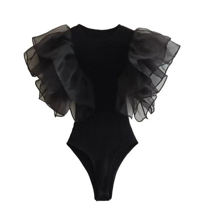 DUOPERI Women Fashion Black Ruffled Sleeveless Tops Bodysuits O-Neck Female Chic Lady Casual Tight Jumpsuit