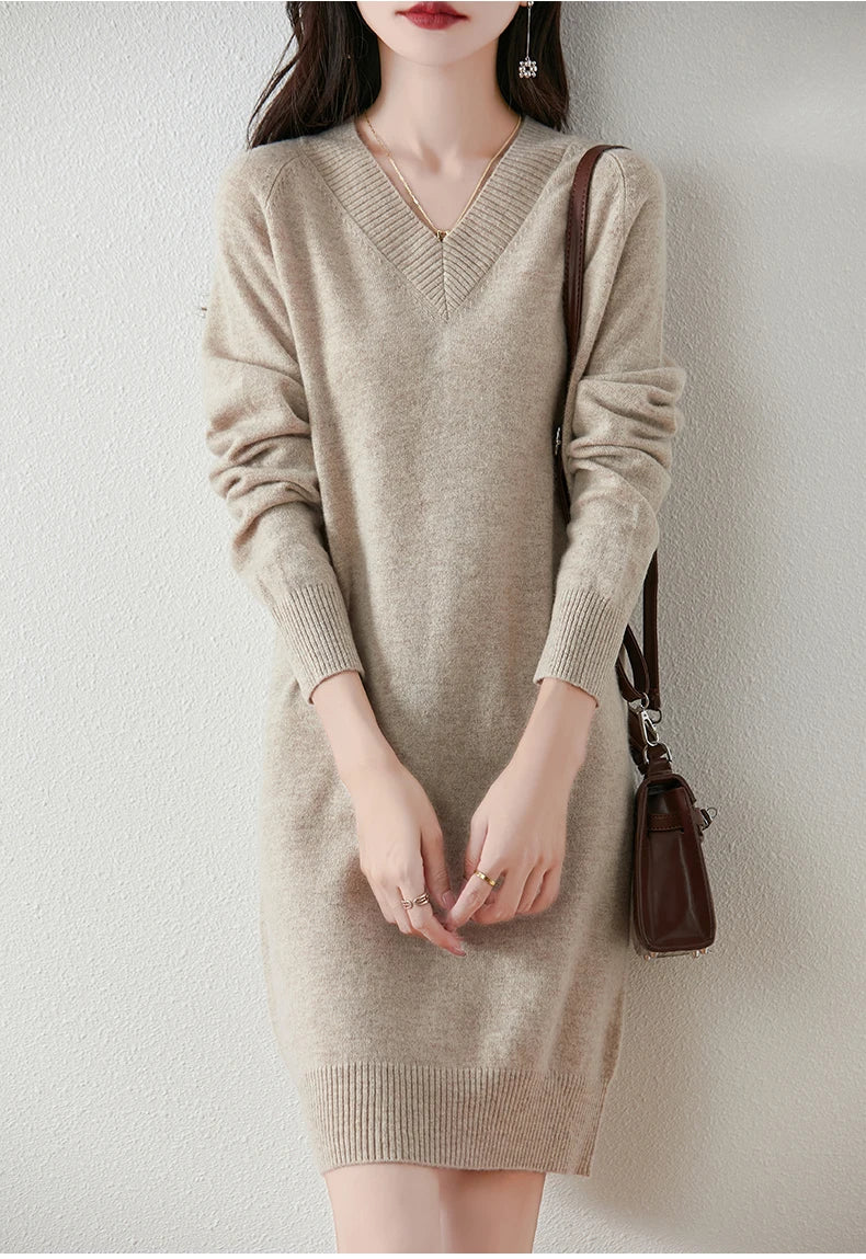 Fashion Autumn Winter Dress Women100%Merino Wool V-neck Long-sleeved Dress Women&