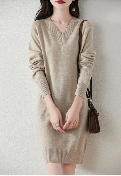 Fashion Autumn Winter Dress Women100%Merino Wool V-neck Long-sleeved Dress Women&