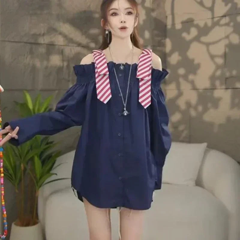 2025 Blusas De Mujer Autumn Blouse for Women Slashn Neck Patchwork Loose Shirts Fashion Single Breasted Oversized Blouses Tops