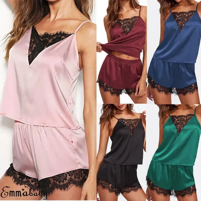 Women Ice Silk Pajamas Sleepwear Pajama Set Nightgowns Nightdress Camisole Shorts Black Red L XL Lace Casual Sexy Smooth  파자마