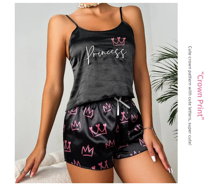 Pajamas Womens Sexy Lingerie Satin Sleepwear Silk Cami Shorts Set Soft Sleep Pjs 2 Piece Nightwear Print Pajamas Mujer Homewear
