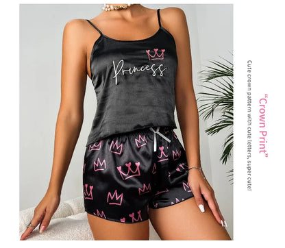 Pajamas Womens Sexy Lingerie Satin Sleepwear Silk Cami Shorts Set Soft Sleep Pjs 2 Piece Nightwear Print Pajamas Mujer Homewear